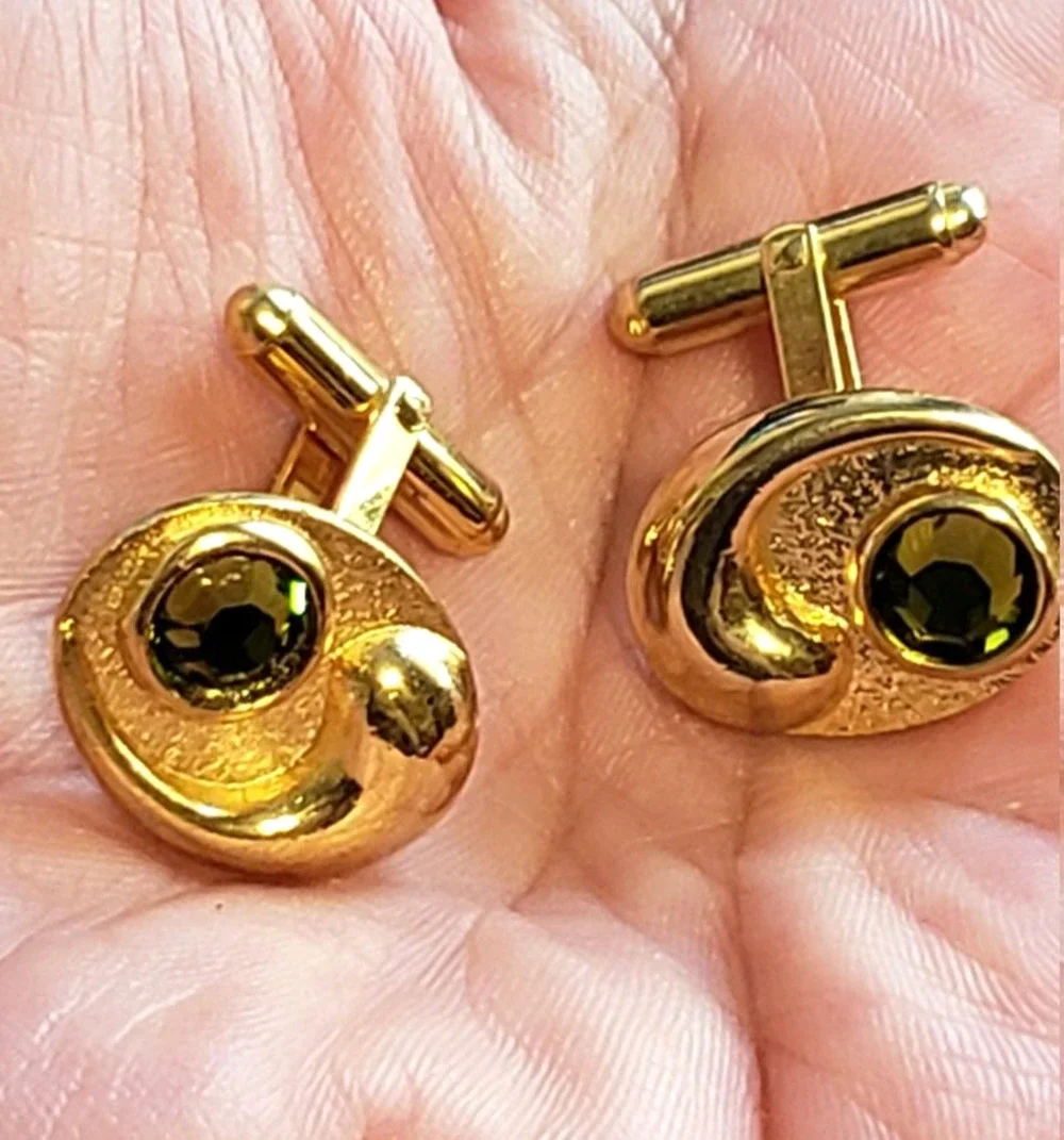 Vintage Cuff Links Green Glass Art Deco Cuff Links Gift for Him, 1960s cl-